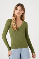 Women's Ribbed Knit V-Neck Sweater in Olive Medium