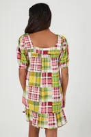 Women's Poplin Plaid Ruffle Mini Dress