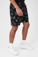 Men Floral Line Art Drawstring Shorts in Black Large