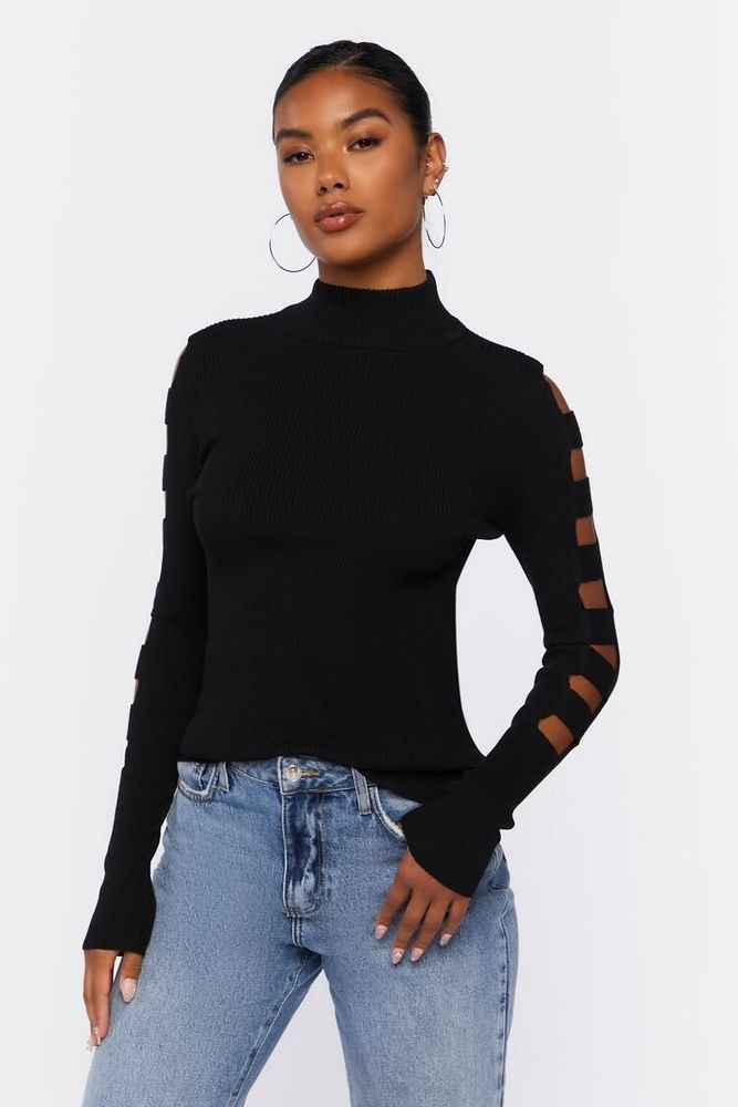 Women's Ribbed Ladder Cutout Sweater in Black Medium