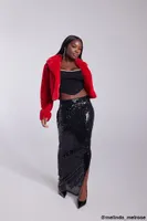 Women's Sequin Leg-Slit Maxi Skirt in Black Large