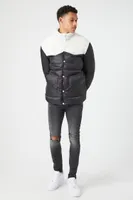 Men Faux Shearling-Trim Puffer Jacket in Cream/Black Large