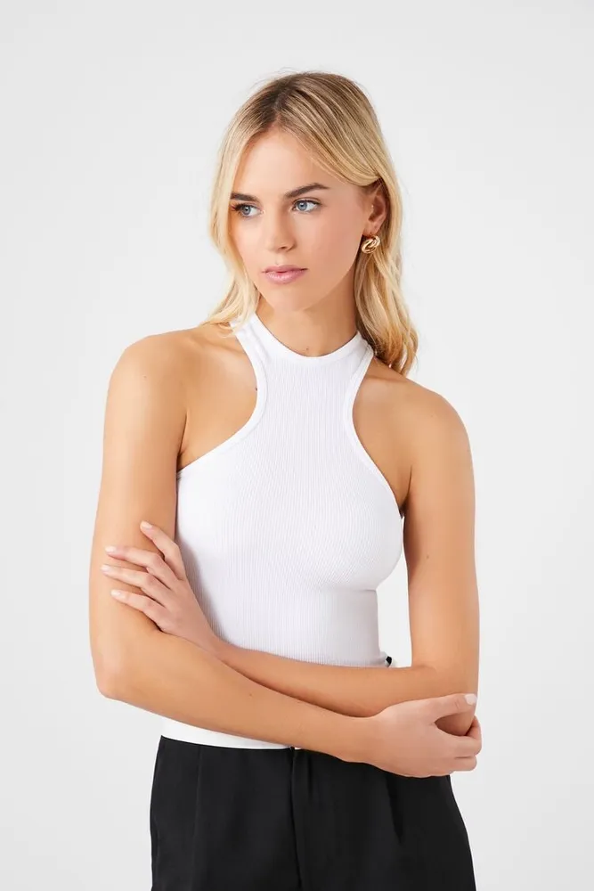 Forever 21 Women's Seamless Racerback Tank Top in White, XL