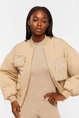 Women's Zip-Up Utility Bomber Jacket in Khaki Medium