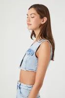 Women's Frayed Denim Crop Top in Light Denim Large