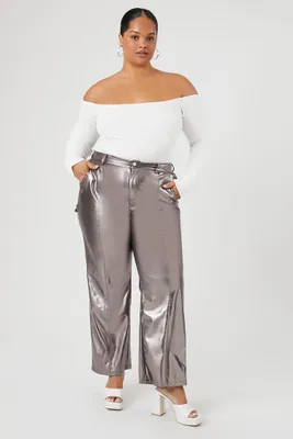 Women's Metallic Faux Leather Pants in Silver, 2X