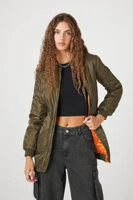 Women's Longline Bomber Jacket in Olive Medium