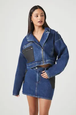 Women's Colorblock Cropped Denim Moto Jacket in Dark Denim/Black Small