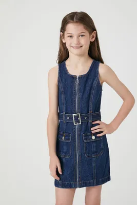 Girls Belted Denim Dress (Kids) in Dark Denim, 9/10