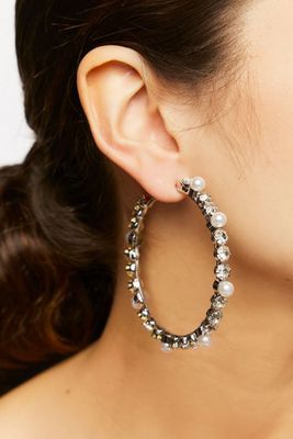 Women's Faux Pearl & Gem Hoop Earrings in Clear/Silver
