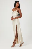 Women's Satin Leg-Slit Maxi Dress in Taupe Medium