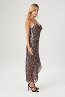 Women's Floral Print Cowl Midi Dress Black