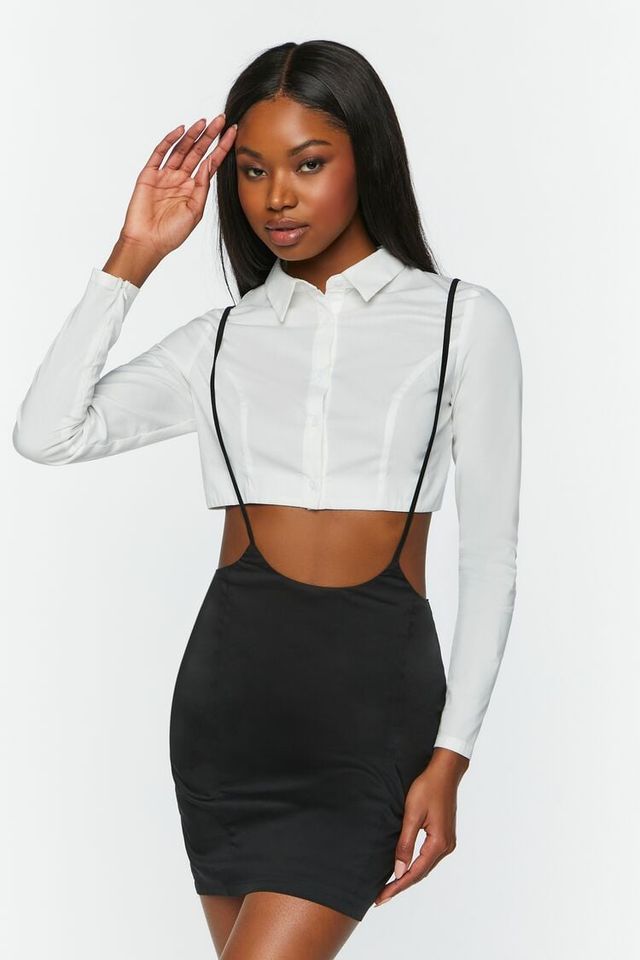 cropped shirt over dress Forever 21 Women's Cropped Shirt & Suspender Combo Dress in White/Black, XL