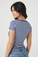 Women's Striped Rib-Knit Cropped T-Shirt in Navy/White, XL