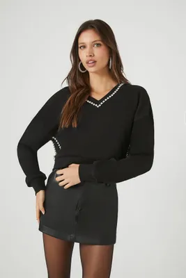 Women's Rhinestone-Trim V-Neck Sweater in Black Medium