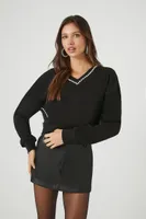 Women's Rhinestone-Trim V-Neck Sweater in Black Small