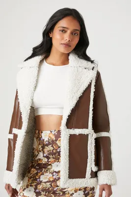 Women's Faux Shearling-Trim Coat in Brown/Cream Medium