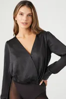 Women's Satin Surplice Bodysuit in Black Small