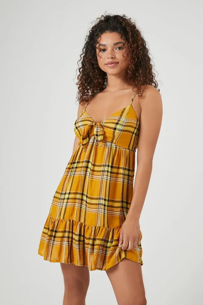 Women's Plaid Babydoll Mini Dress in Yellow Large