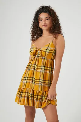 Women's Plaid Babydoll Mini Dress in Yellow Medium