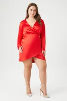 Women's Satin Surplice Tulip-Hem Mini Dress in Fiery, 3X