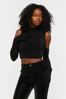 Women's Cutout Glove-Sleeve Crop Top in Black Medium