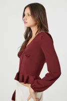 Women's Crepe Peasant-Sleeve Peplum Top in Wine Large