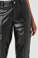 Women's Faux Leather Straight Cargo Pants in Black, XS