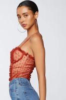 Women's Polka Dot Mesh Ruffled Bodysuit in Rust Small