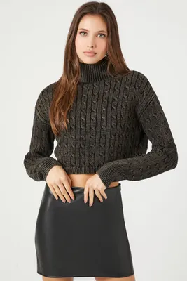 Women's Cable Knit Turtleneck Cropped Sweater in Black Medium