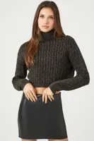 Women's Cable Knit Turtleneck Cropped Sweater in Black Large