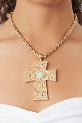 Women's Etched Cross Statement Necklace in Gold