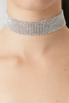 Women's Rhinestone Box Chain Choker Necklace in Silver/Clear