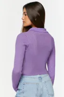 Forever 21 Women's Collared Rib-Knit Cardigan Sweater in Violet