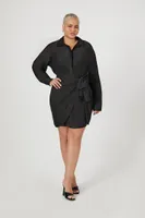 Women's Satin Wrap Shirt Dress in Black, 1X