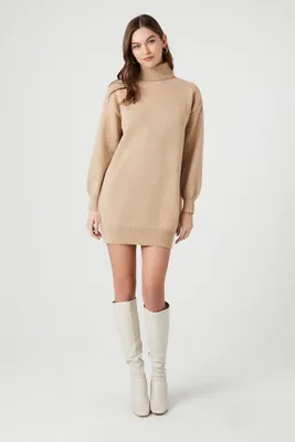 Women's Turtleneck Mini Sweater Dress in Oatmeal, XL