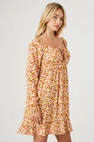 Women's Floral Print Mini Dress in Rust Medium