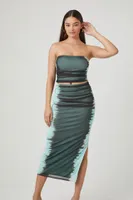 Women's Mesh Tie-Dye Tube Top & Maxi Skirt Set in Dark Green, XS