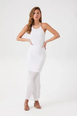Women's Crochet Halter Maxi Dress in Ivory Large