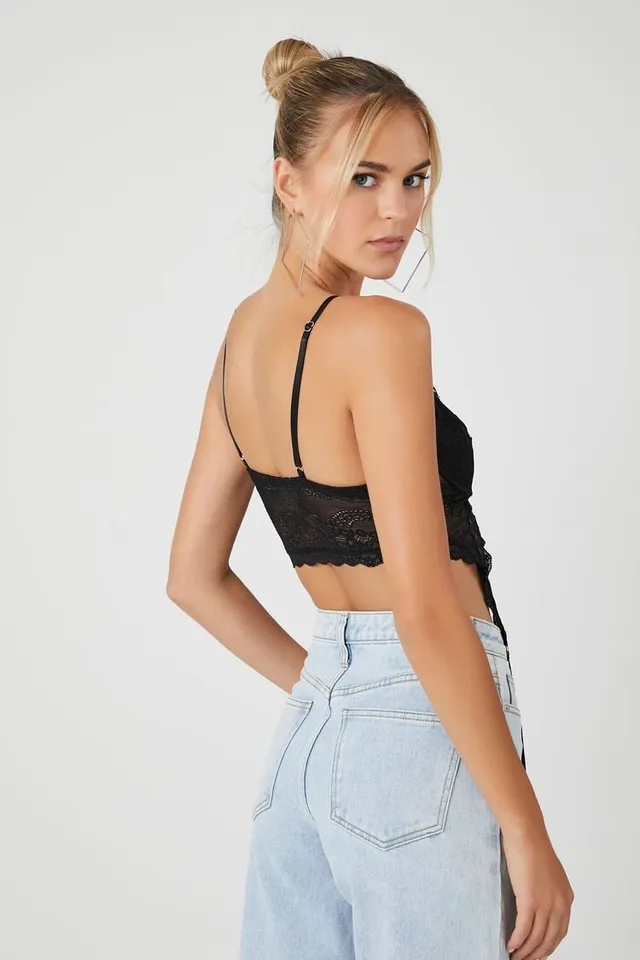 Forever 21 Women's Lace Ribbon Cropped Cami Black