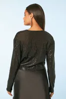 Women's Sequin Surplice Crop Top in Black, XS