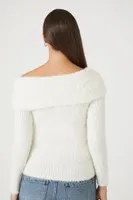 Women's Fuzzy Knit Off-the-Shoulder Sweater in Cream Large