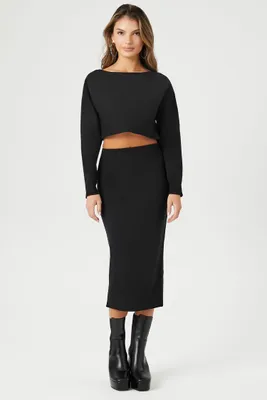 Women's Sweater-Knit Crop Top & Skirt Set Black,