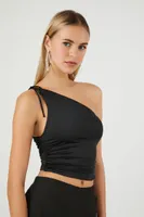 Women's Ruched One-Shoulder Crop Top in Black Large