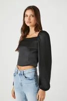 Women's Satin Peasant-Sleeve Crop Top in Black Small