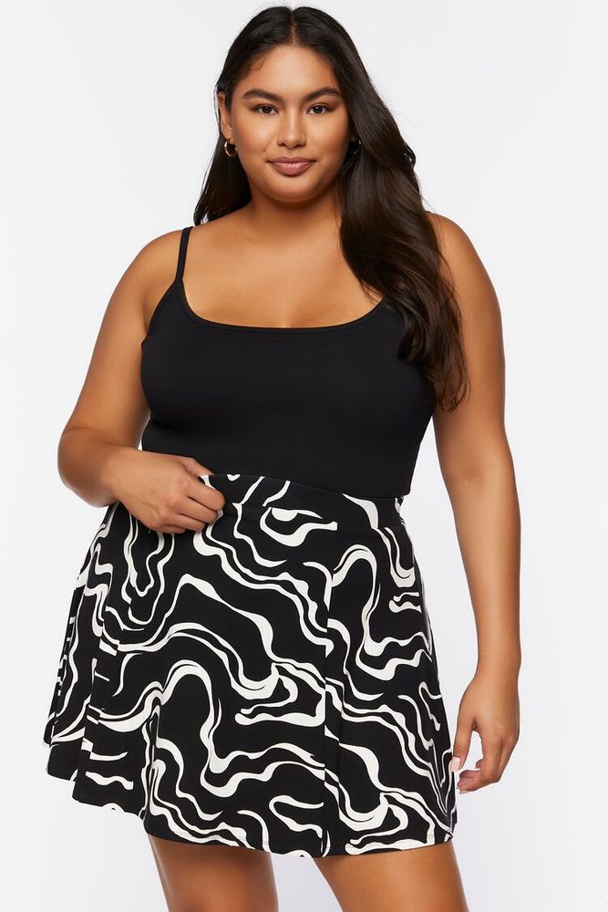 Women's Abstract Print Mini Skirt in Black/White, 0X