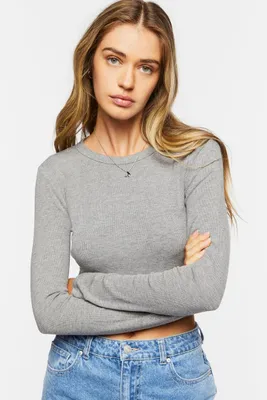 Women's Ribbed Knit Long-Sleeve Crop Top in Heather Grey Large