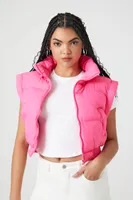 Women's Zip-Up Cropped Puffer Vest in Hot Pink Large