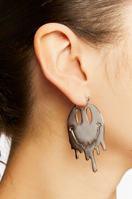 Women's Melting Happy Face Hoop Earrings in Silver