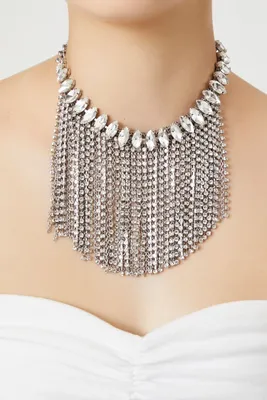 Women's Rhinestone Fringe Statement Necklace in Silver/Clear